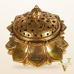 Brass Handmade Lotus Design Lobaandaani | Dhoop Burner and Incense Charcoal Burner with Lid | Height 3.5 inches, Width 4 inches, Depth 4 inches