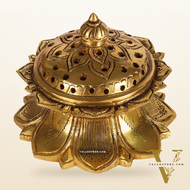 Brass Handmade Lotus Design Lobaandaani | Dhoop Burner and Incense Charcoal Burner with Lid | Height 3.5 inches, Width 4 inches, Depth 4 inches