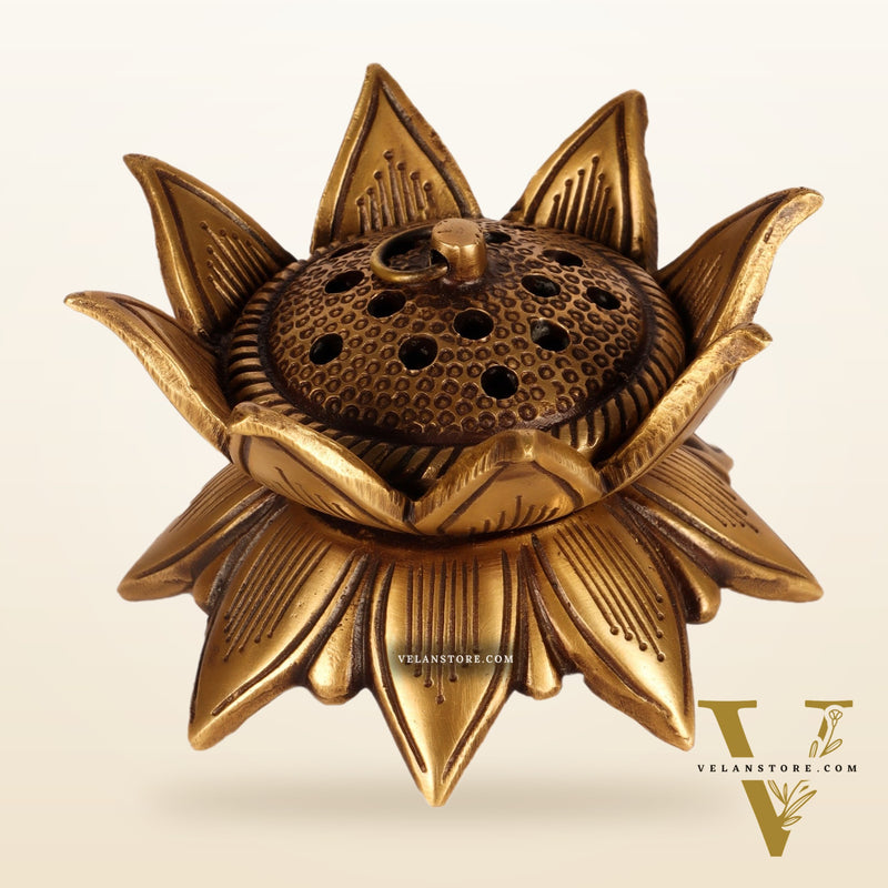 Brass Handmade Lotus Design Lobaandaani | Dhoop Burner and Incense Charcoal Burner with Lid 4"