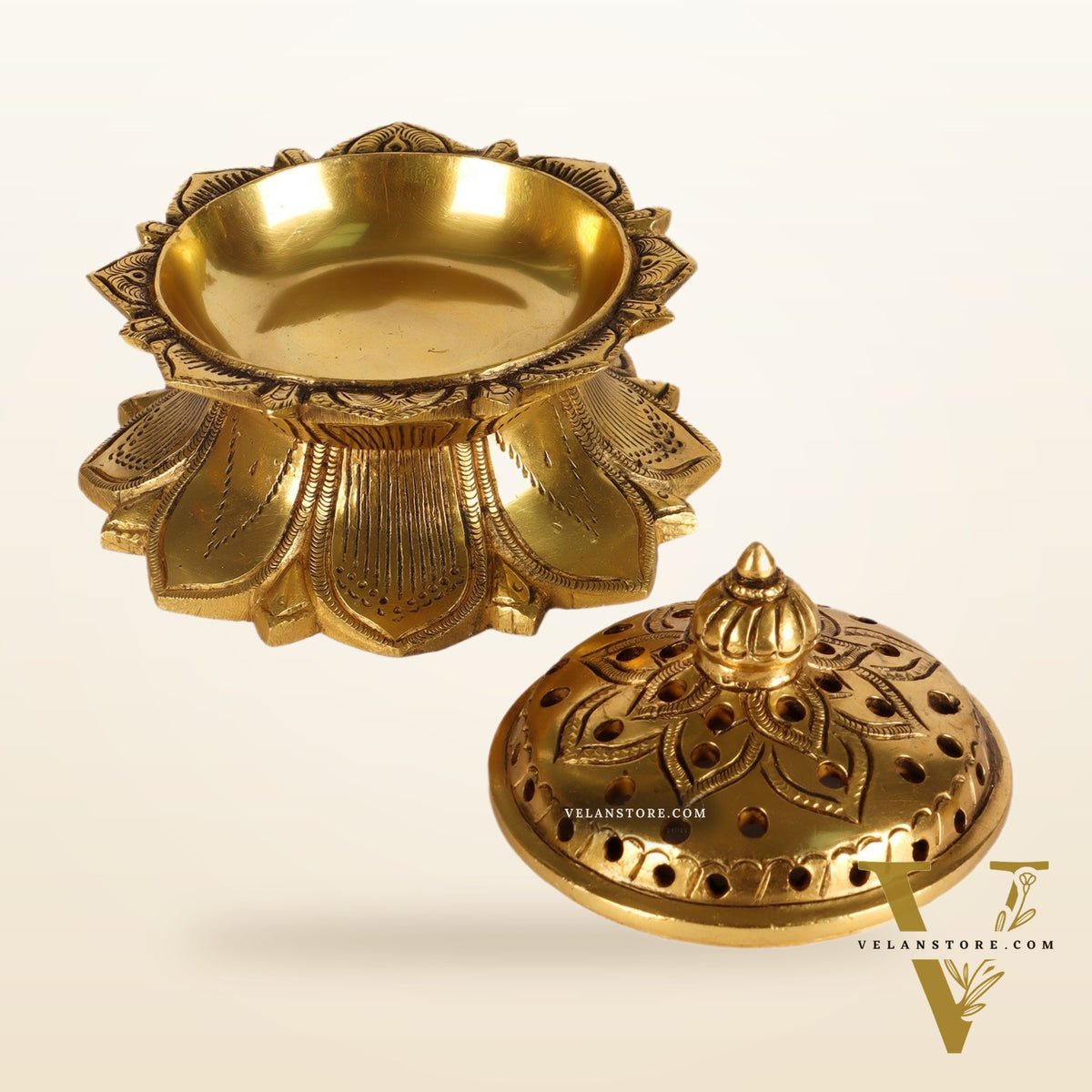 Brass Handmade Lotus Design Lobaandaani | Dhoop Burner and Incense Charcoal Burner with Lid | Height 3.5 inches, Width 4 inches, Depth 4 inches