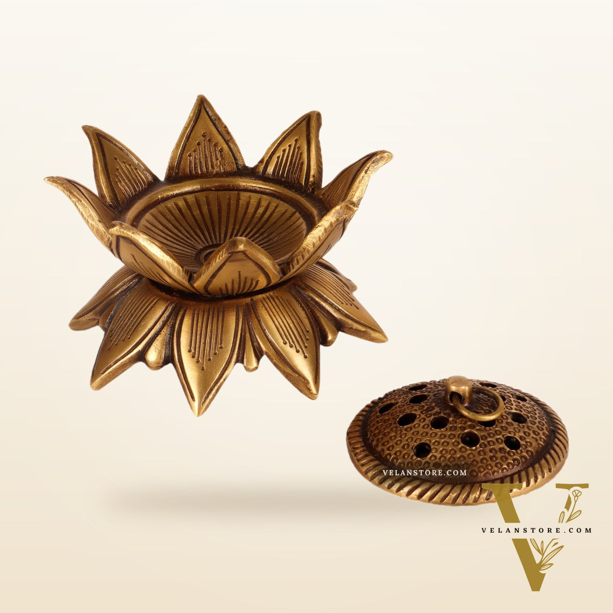Brass Handmade Lotus Design Lobaandaani | Dhoop Burner and Incense Charcoal Burner with Lid 4"