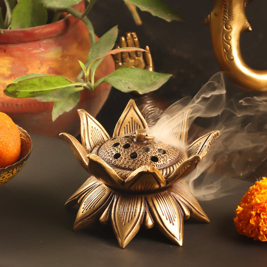 Brass Handmade Lotus Design Lobaandaani | Dhoop Burner and Incense Charcoal Burner with Lid 4"