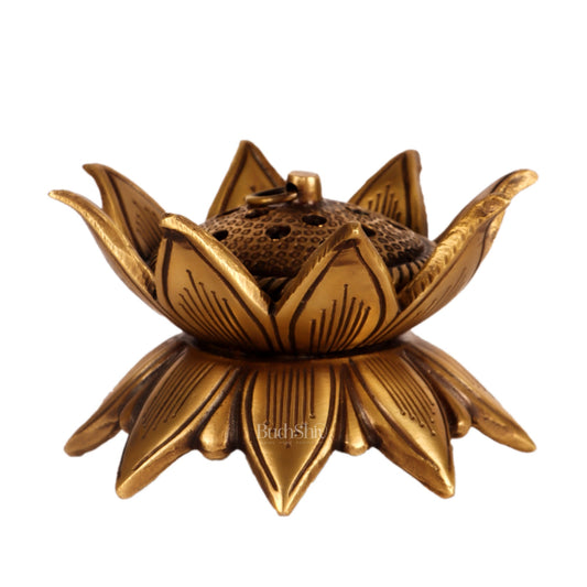 Brass Handmade Lotus Design Lobaandaani | Dhoop Burner and Incense Charcoal Burner with Lid 4"