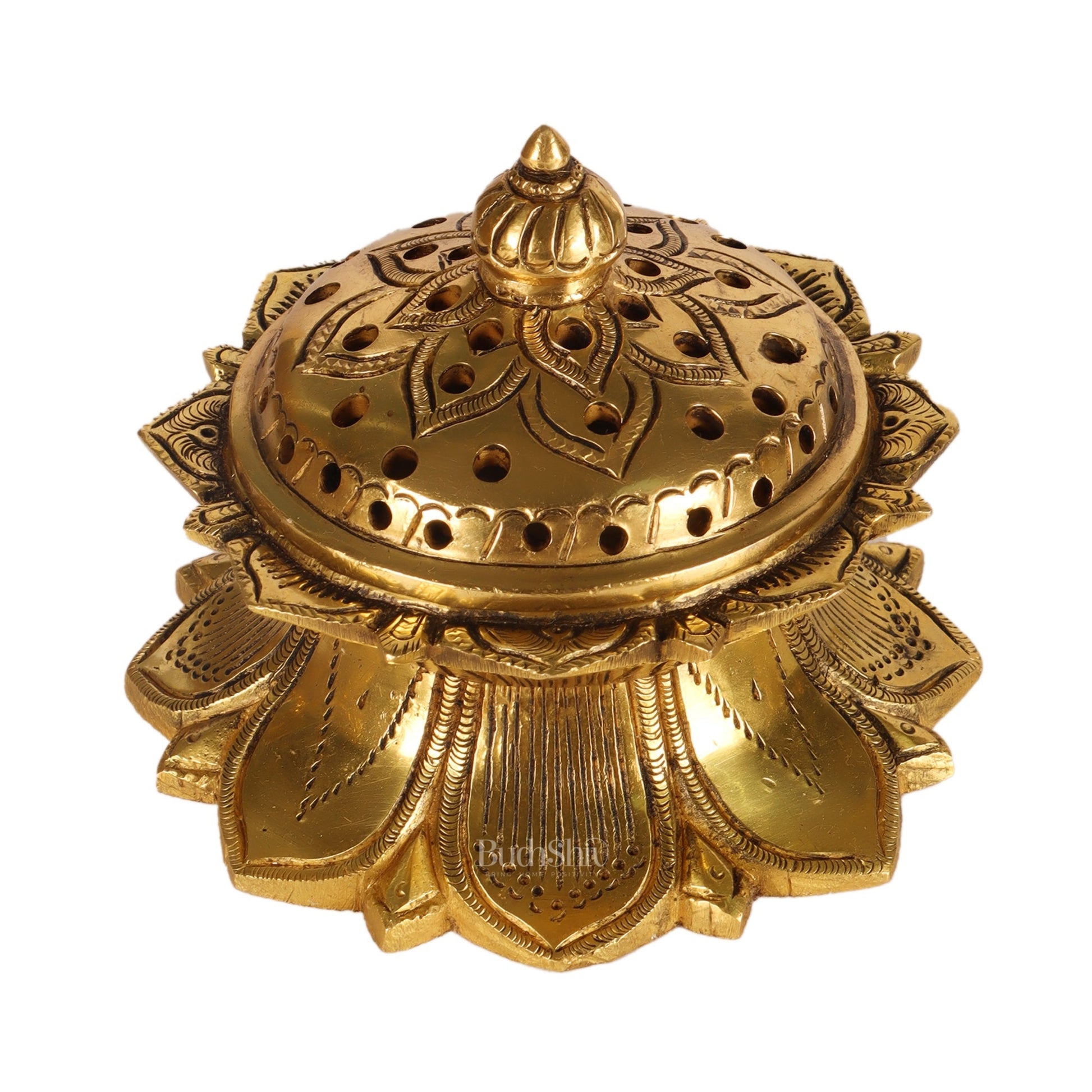 Brass Handmade Lotus Design Lobaandaani | Dhoop Burner and Incense Charcoal Burner with Lid | Height 3.5 inches, Width 4 inches, Depth 4 inches