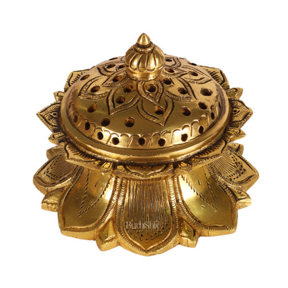 Brass Handmade Lotus Design Lobaandaani | Dhoop Burner and Incense Charcoal Burner with Lid | Height 3.5 inches, Width 4 inches, Depth 4 inches