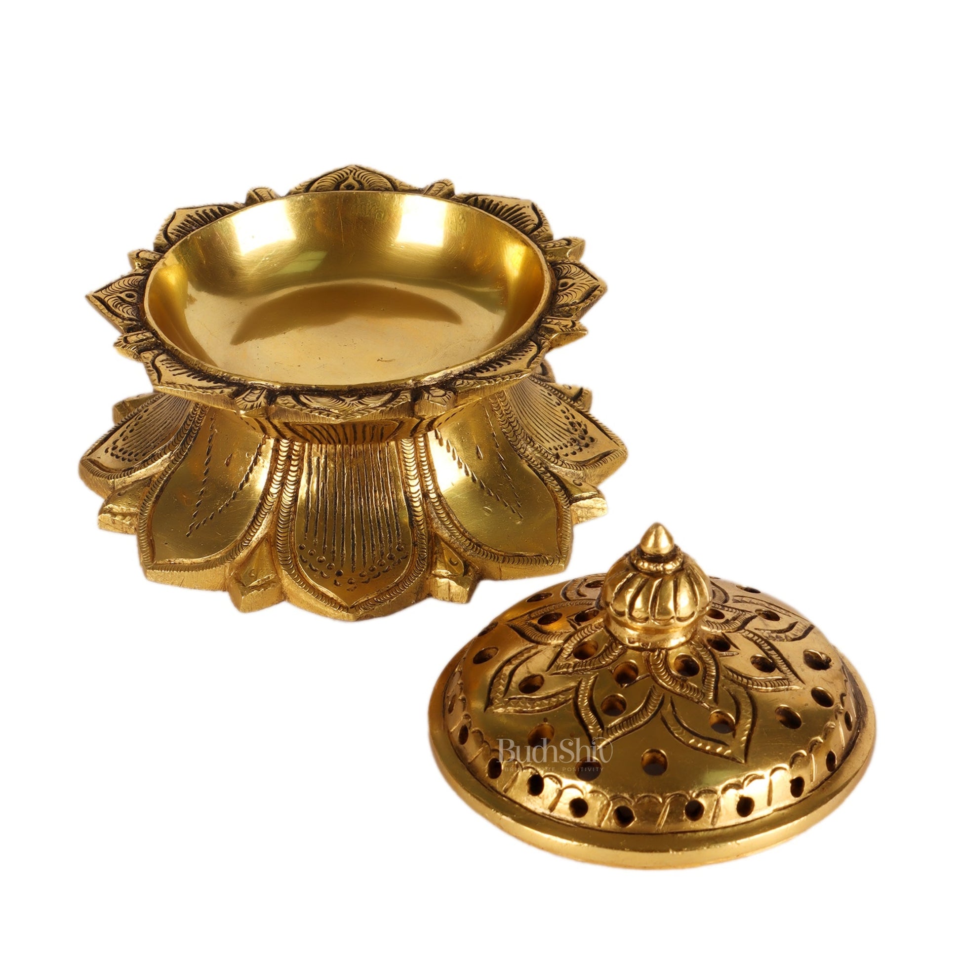 Brass Handmade Lotus Design Lobaandaani | Dhoop Burner and Incense Charcoal Burner with Lid | Height 3.5 inches, Width 4 inches, Depth 4 inches