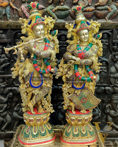 Brass Handmade Radha Krishna Idol Pair with Meenakari Stonework - 30 Inch