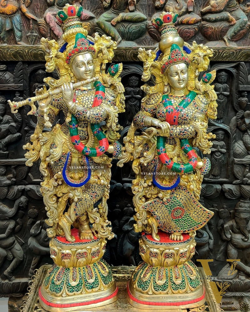 Brass Handmade Radha Krishna Idol Pair with Meenakari Stonework - 30 Inch