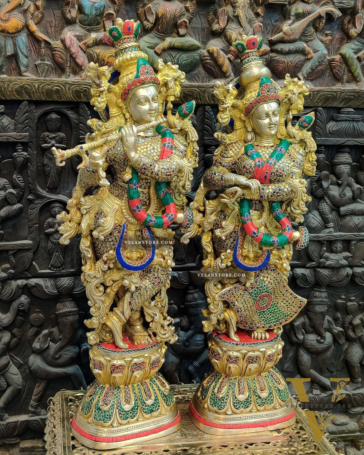 Brass Handmade Radha Krishna Idol Pair with Meenakari Stonework - 30 Inch