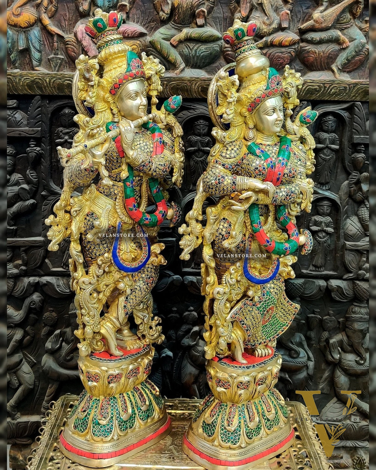 Brass Handmade Radha Krishna Idol Pair with Meenakari Stonework - 30 Inch