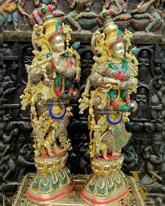 Brass Handmade Radha Krishna Idol Pair with Meenakari Stonework - 30 Inch