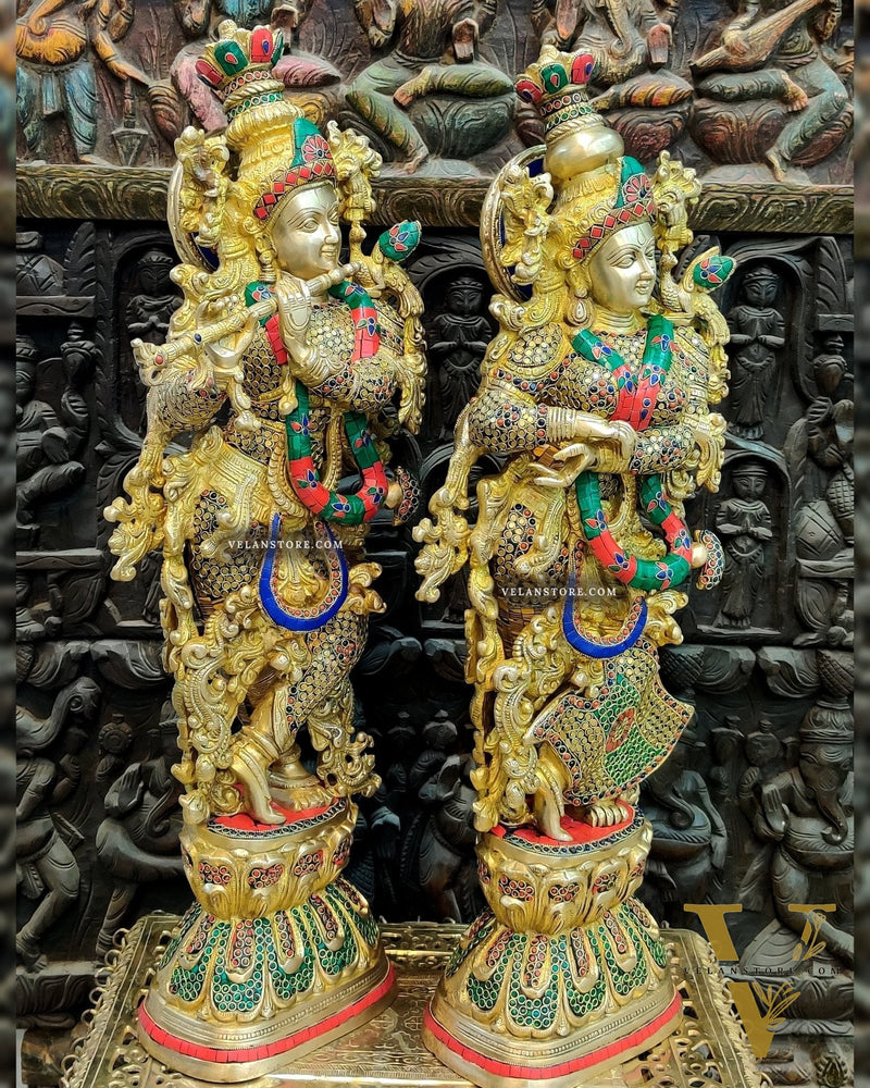 Brass Handmade Radha Krishna Idol Pair with Meenakari Stonework - 30 Inch