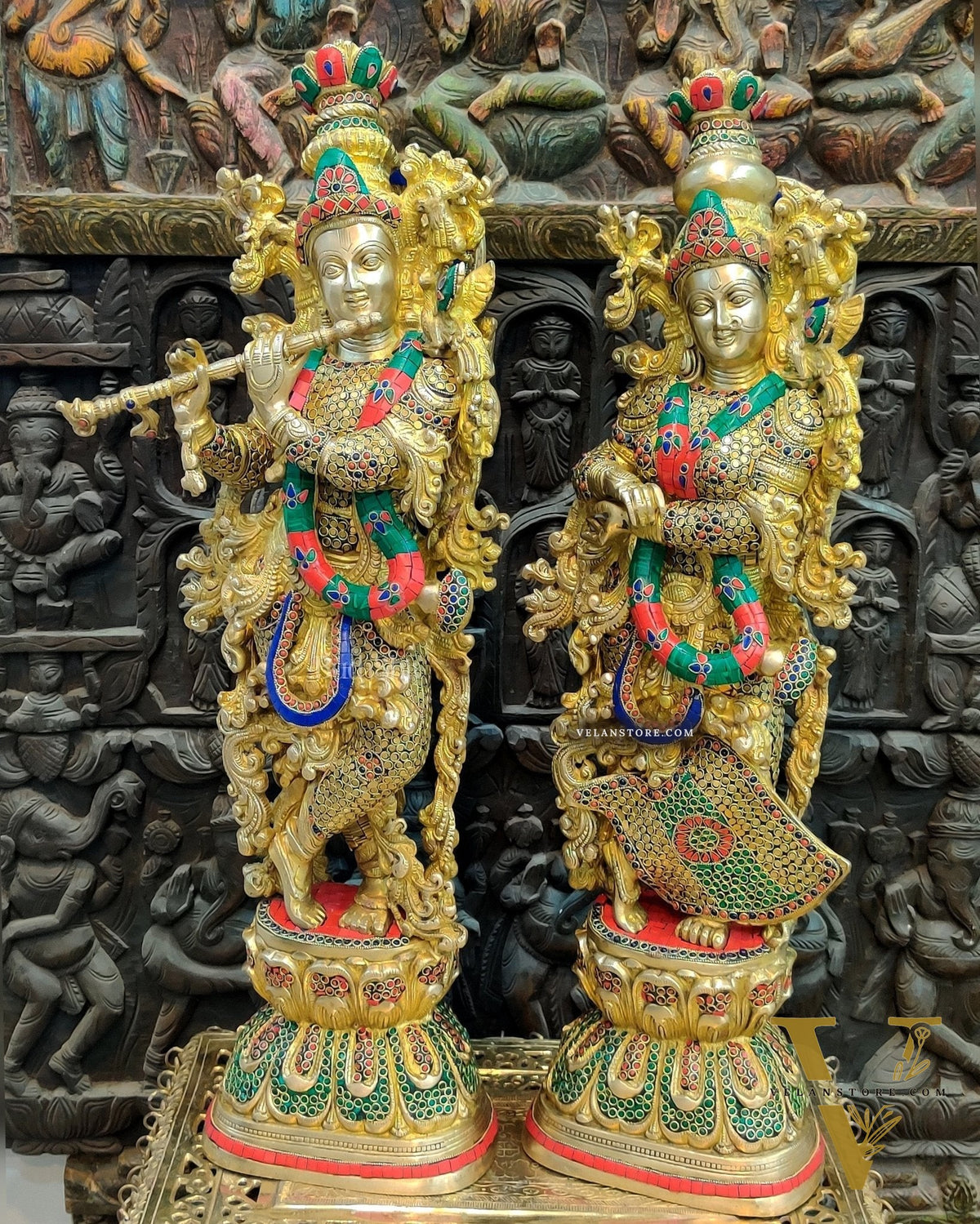 Brass Handmade Radha Krishna Idol Pair with Meenakari Stonework - 30 Inch