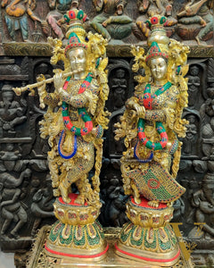 Brass Handmade Radha Krishna Idol Pair with Meenakari Stonework - 30 Inch