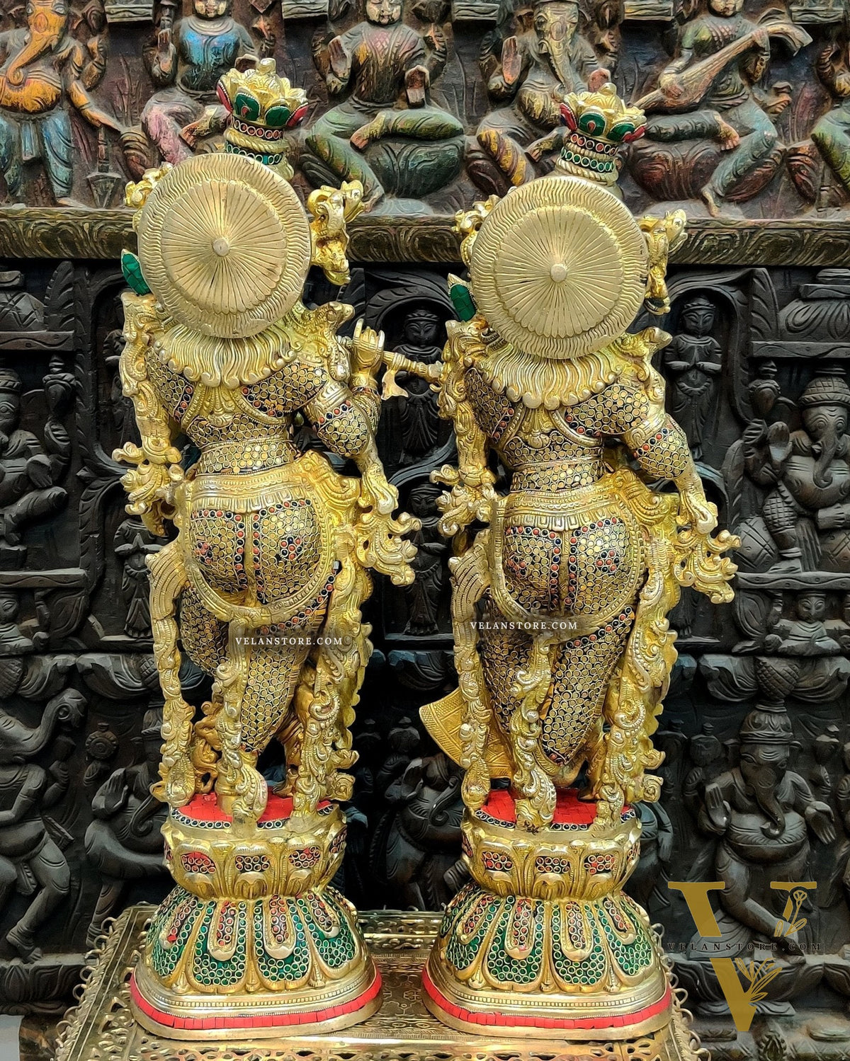 Brass Handmade Radha Krishna Idol Pair with Meenakari Stonework - 30 Inch
