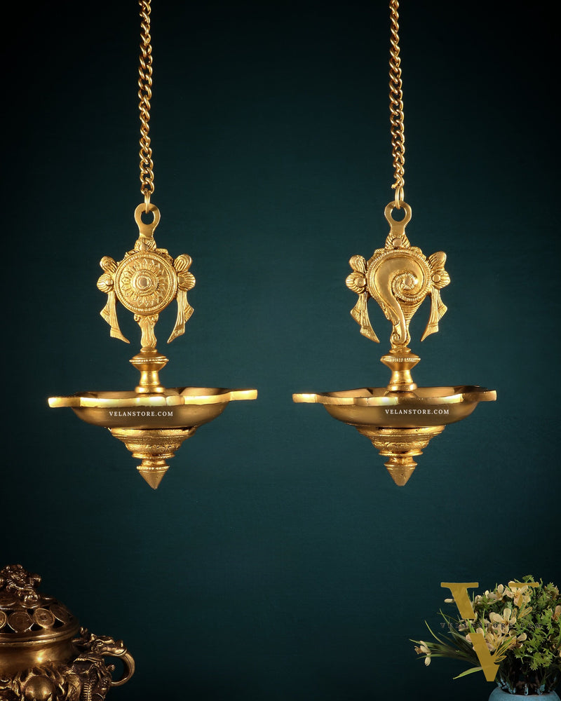 Brass Hanging Shankh Chakra Oil Lamps (Pair) with Chain – Traditional Diya Set