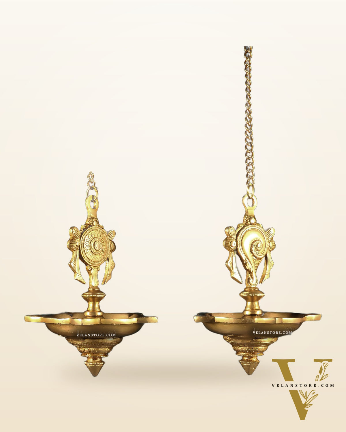 Brass Hanging Shankh Chakra Oil Lamps (Pair) with Chain – Traditional Diya Set