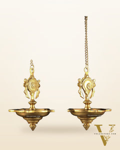Brass Hanging Shankh Chakra Oil Lamps (Pair) with Chain – Traditional Diya Set