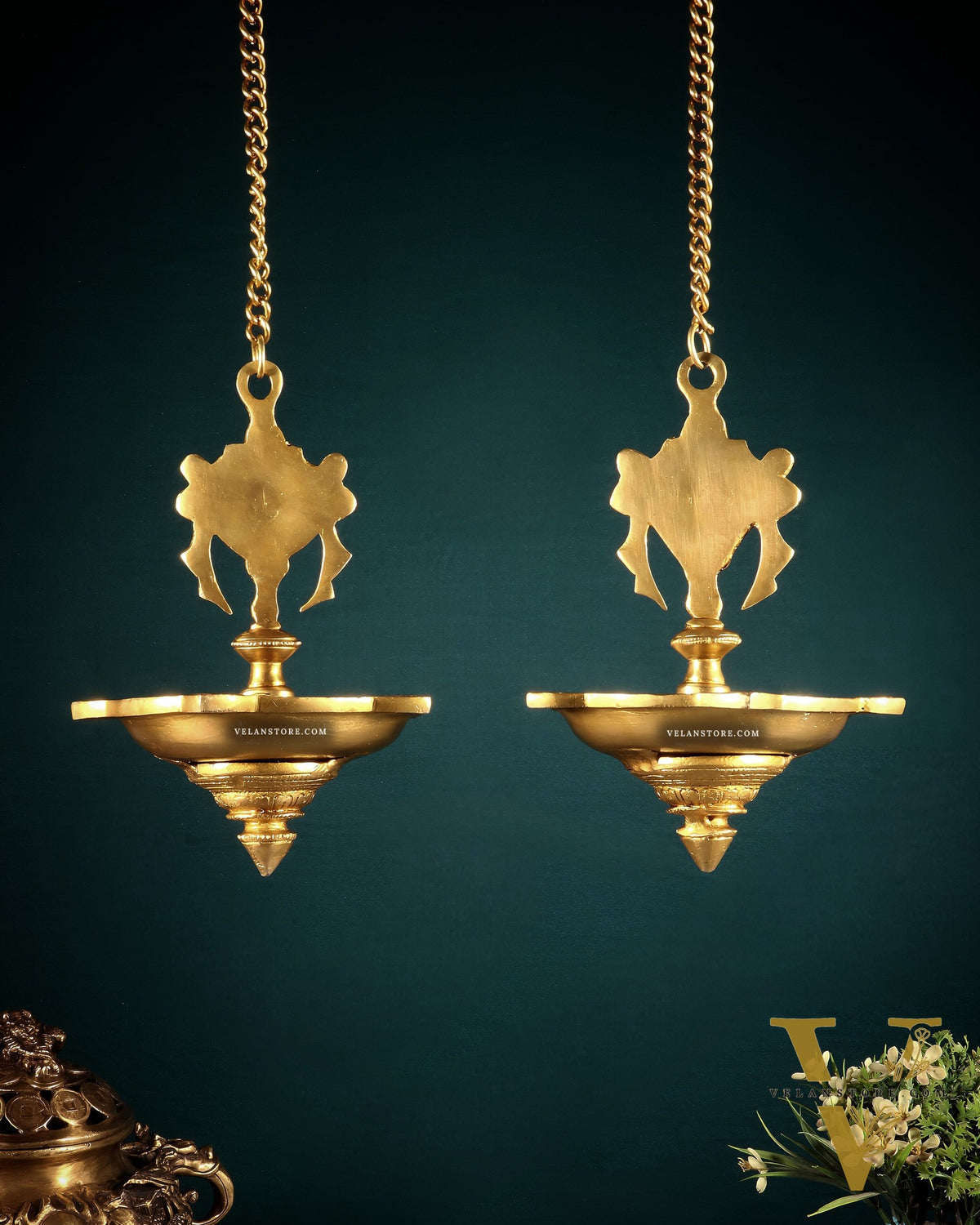 Brass Hanging Shankh Chakra Oil Lamps (Pair) with Chain – Traditional Diya Set