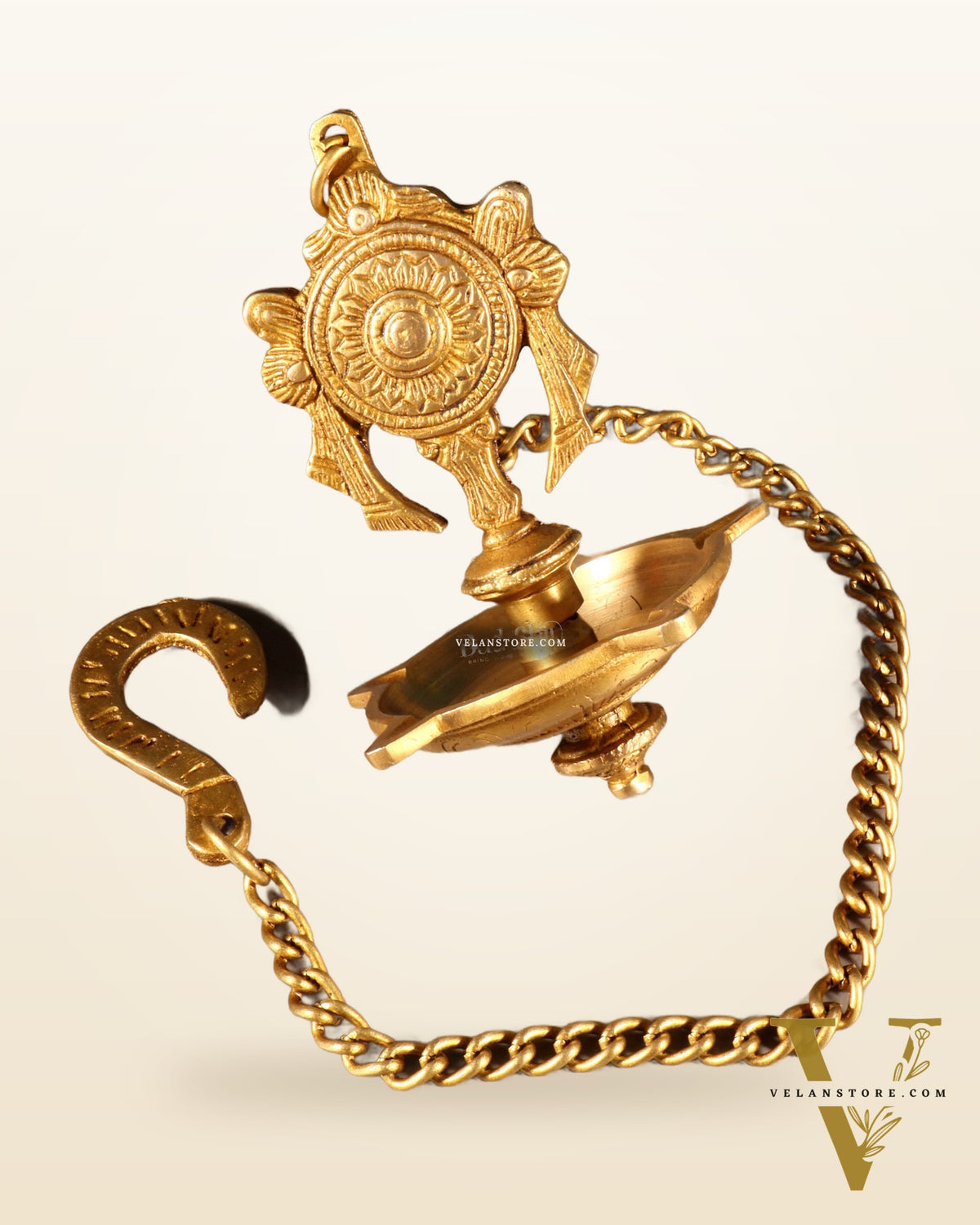Brass Hanging Shankh Chakra Oil Lamps (Pair) with Chain – Traditional Diya Set