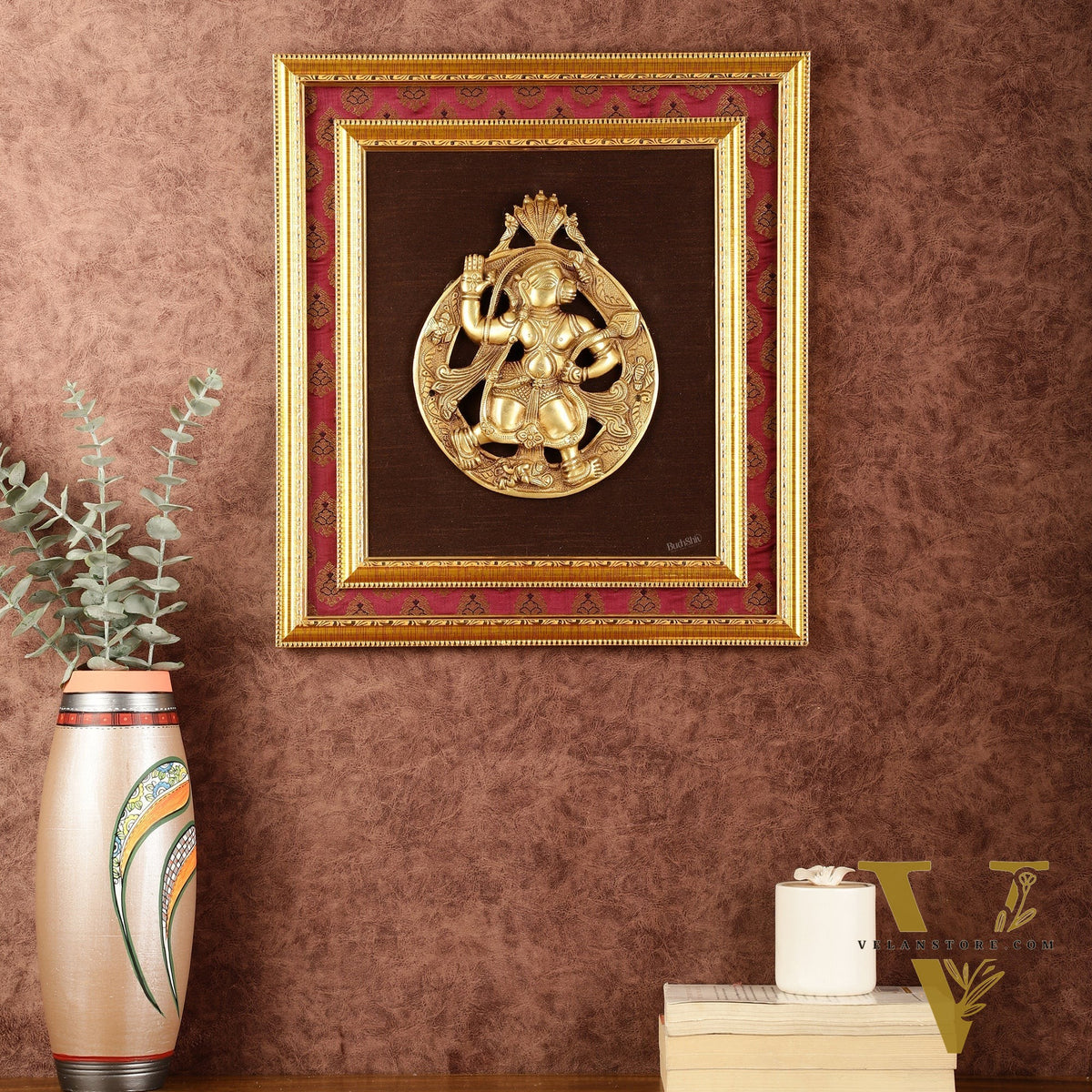 Brass Hanuman Hanging on Wooden Frame with Premium Fabric - 17" x 15"