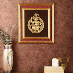 Brass Hanuman Hanging on Wooden Frame with Premium Fabric - 17" x 15"