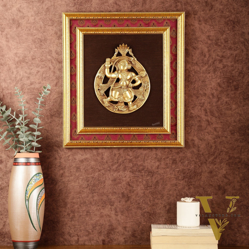 Brass Hanuman Hanging on Wooden Frame with Premium Fabric - 17" x 15"