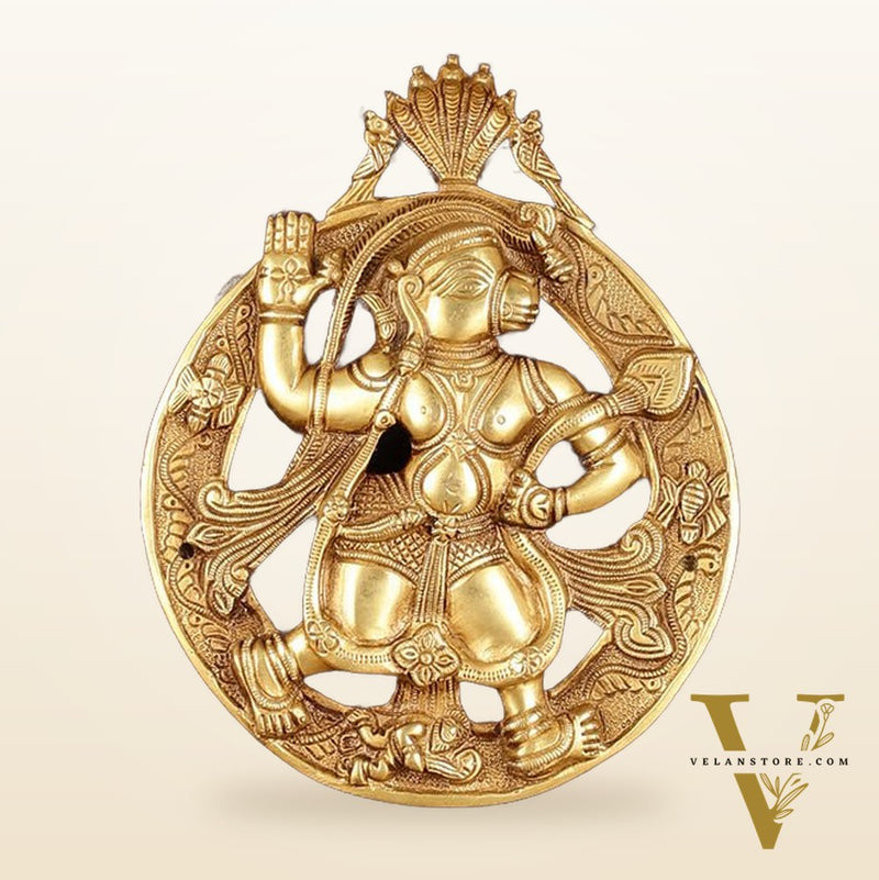 Brass Hanuman Hanging on Wooden Frame with Premium Fabric - 17" x 15"