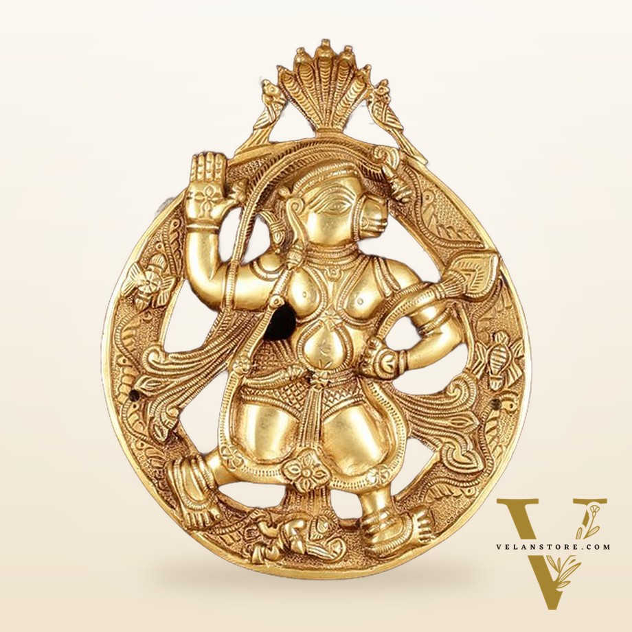 Brass Hanuman Hanging on Wooden Frame with Premium Fabric - 17" x 15"