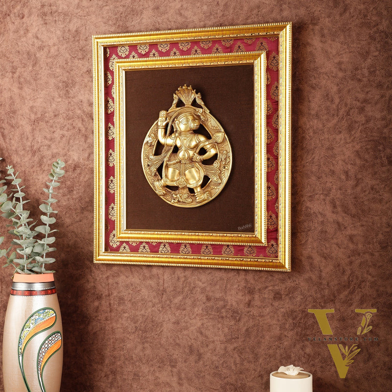 Brass Hanuman Hanging on Wooden Frame with Premium Fabric - 17" x 15"