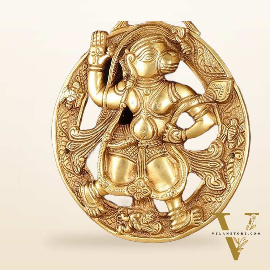 Brass Hanuman Hanging on Wooden Frame with Premium Fabric - 17" x 15"