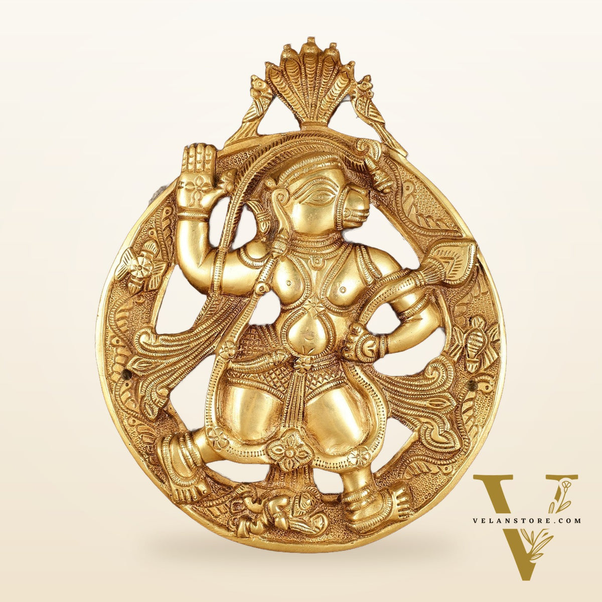 Brass Hanuman Hanging on Wooden Frame with Premium Fabric - 17" x 15"