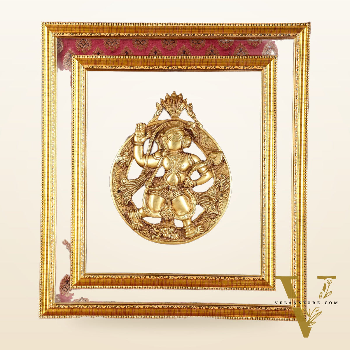 Brass Hanuman Hanging on Wooden Frame with Premium Fabric - 17" x 15"