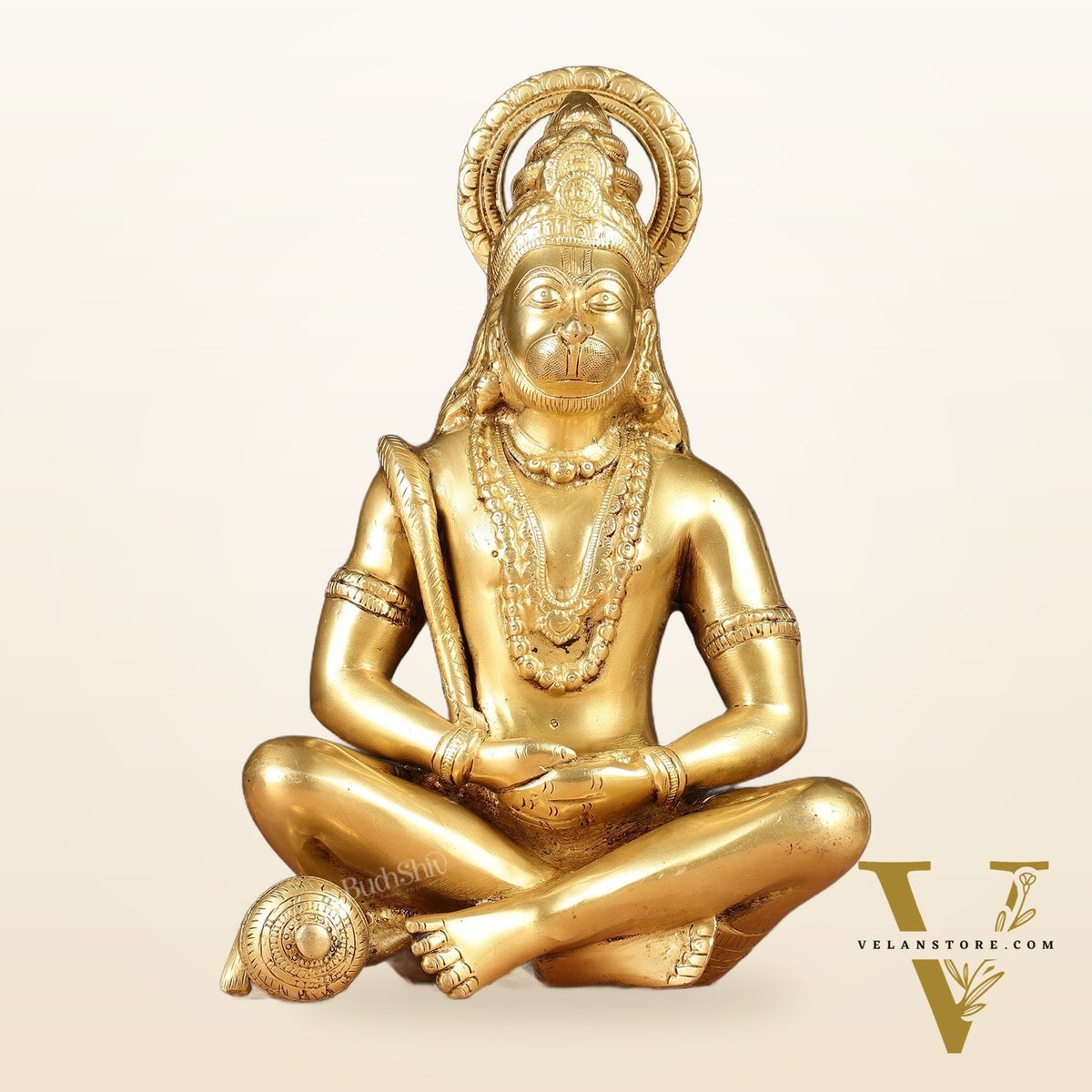 Brass Hanuman Idol in Meditation - 12 inch matte