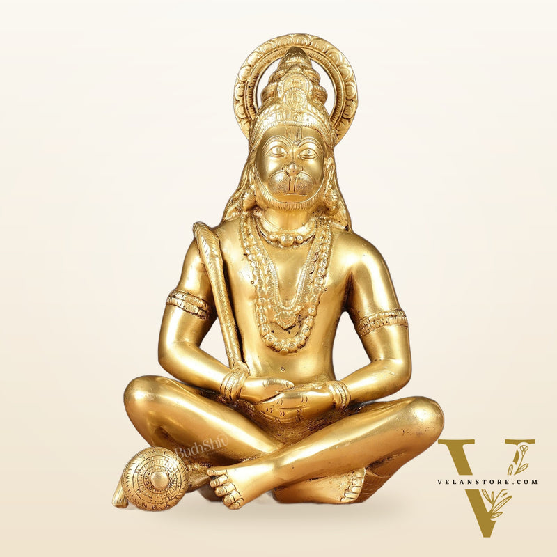 Brass Hanuman Idol in Meditation - 12 inch matte