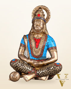 Brass Hanuman Idol in Meditation - 12 inch with stonework
