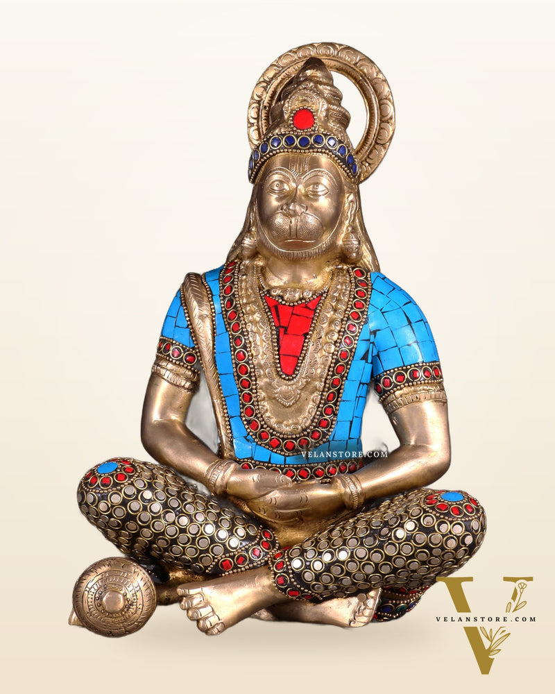 Brass Hanuman Idol in Meditation - 12 inch with stonework