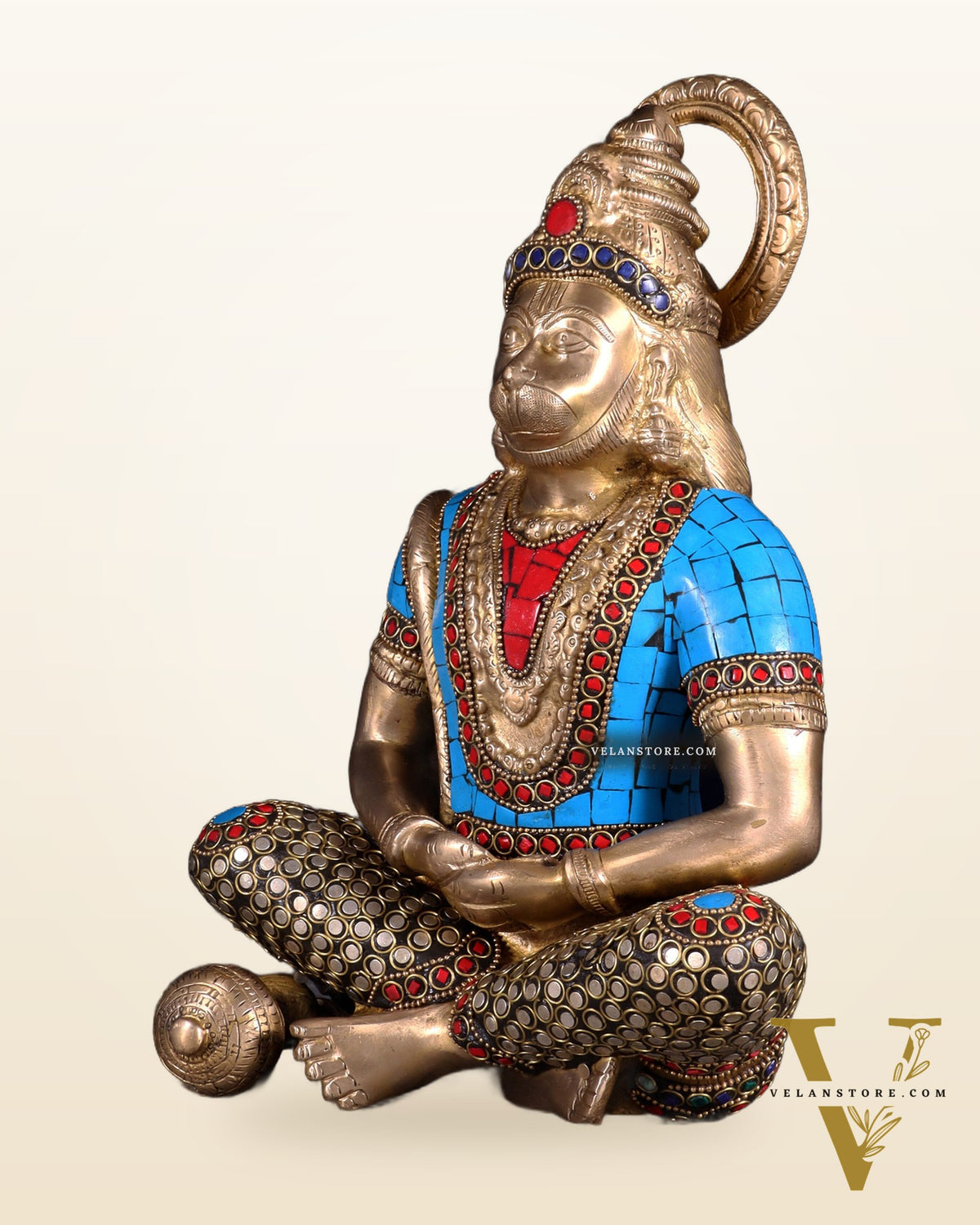 Brass Hanuman Idol in Meditation - 12 inch with stonework