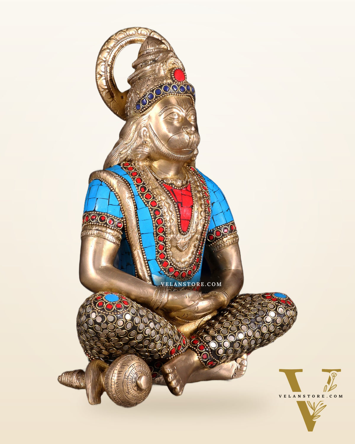 Brass Hanuman Idol in Meditation - 12 inch with stonework