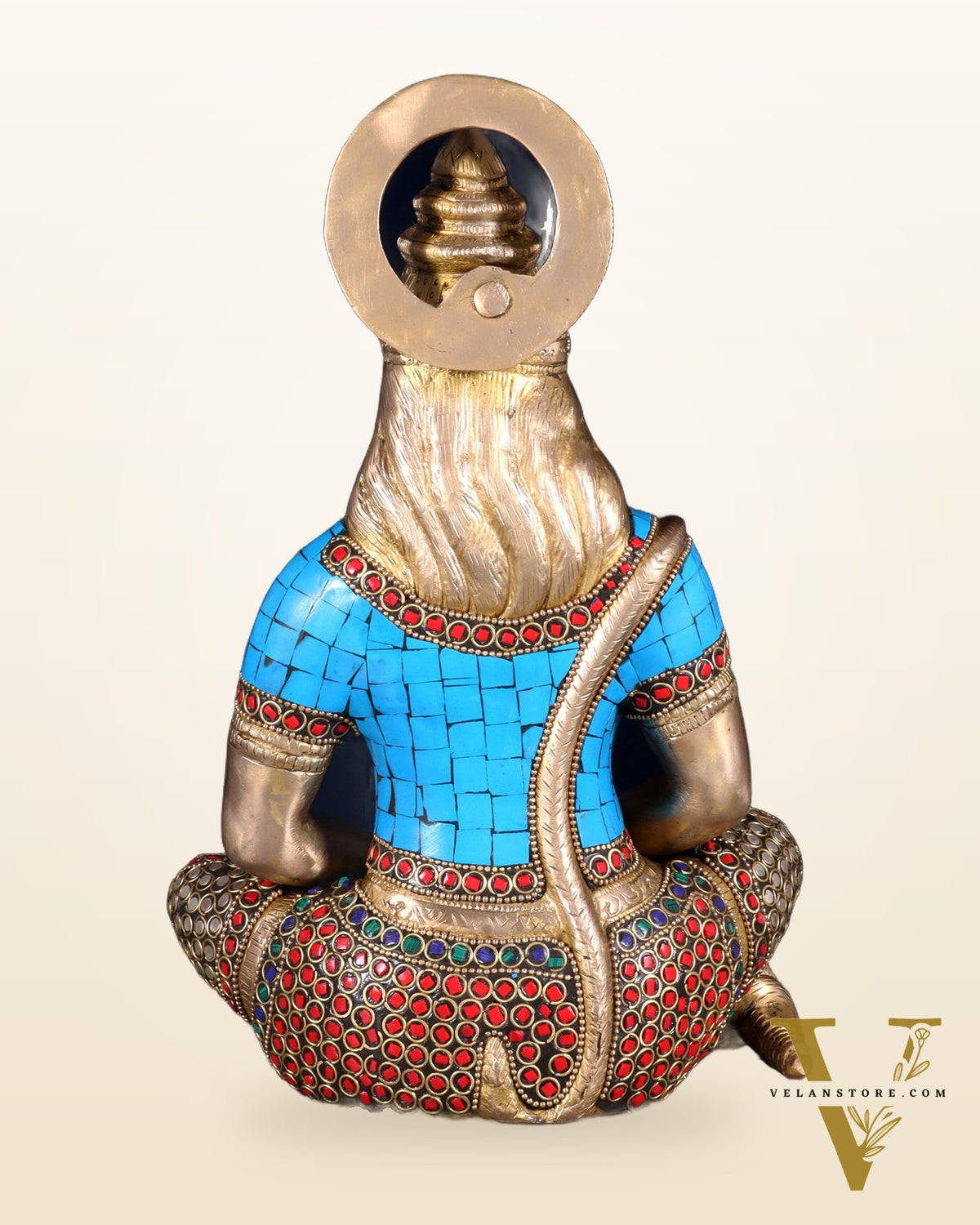 Brass Hanuman Idol in Meditation - 12 inch with stonework