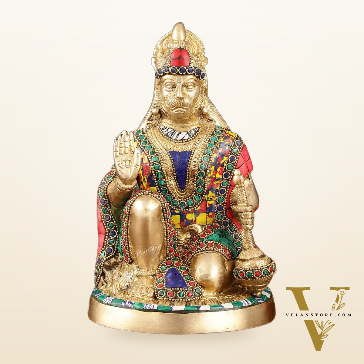 Brass Hanuman Idol with Meenakari Stonework - 9" Height, Symbol of Devotion and Strength
