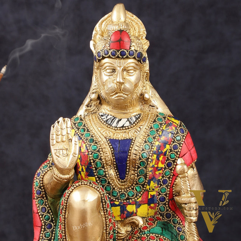 Brass Hanuman Idol with Meenakari Stonework - 9" Height, Symbol of Devotion and Strength