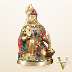 Brass Hanuman Idol with Meenakari Stonework - 9" Height, Symbol of Devotion and Strength