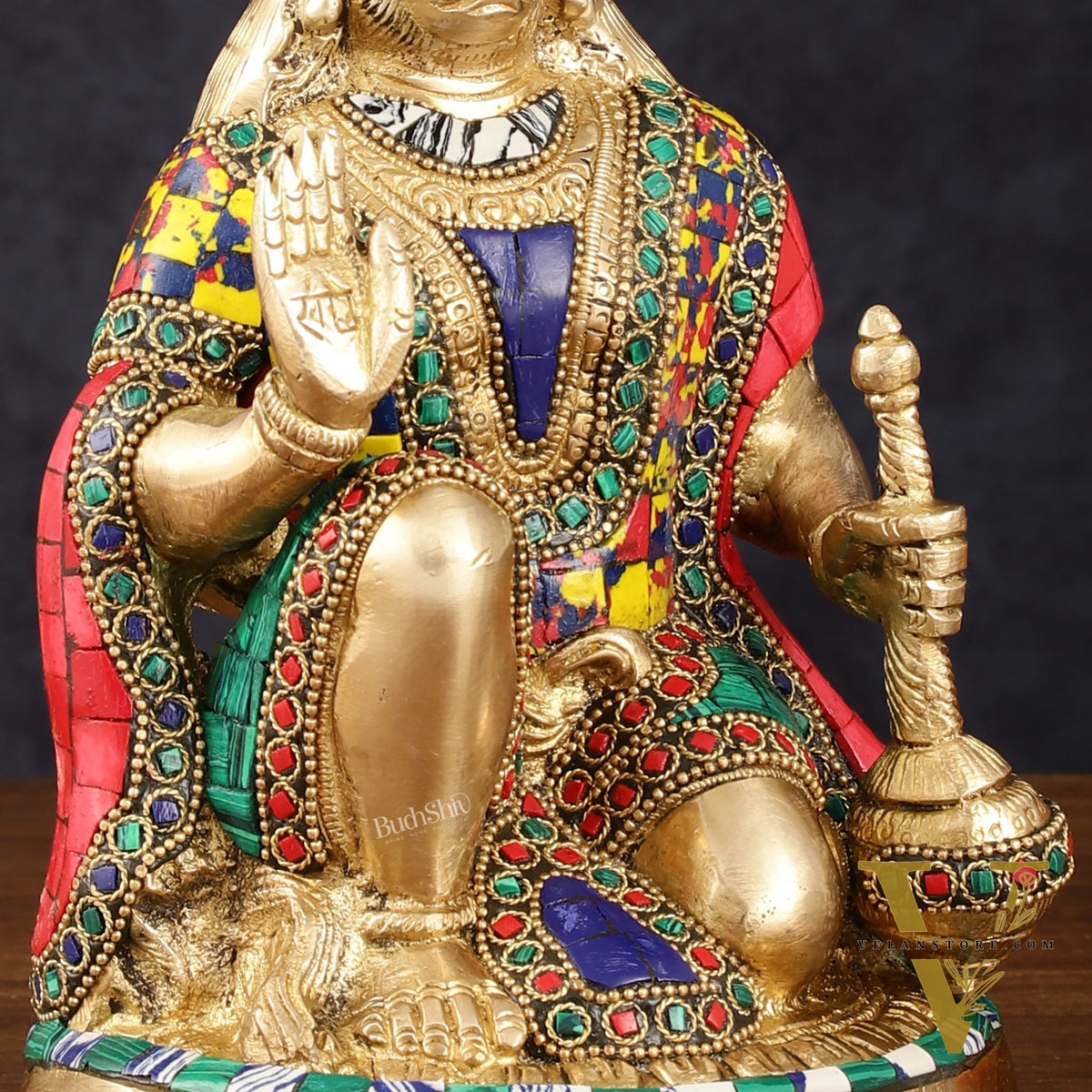 Brass Hanuman Idol with Meenakari Stonework - 9" Height, Symbol of Devotion and Strength
