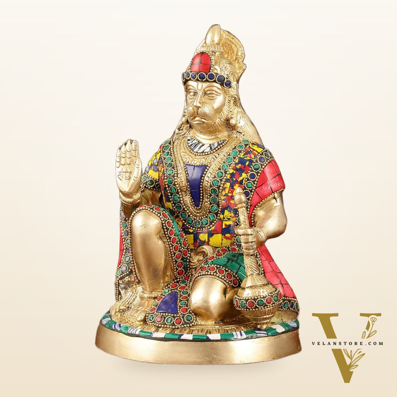 Brass Hanuman Idol with Meenakari Stonework - 9" Height, Symbol of Devotion and Strength
