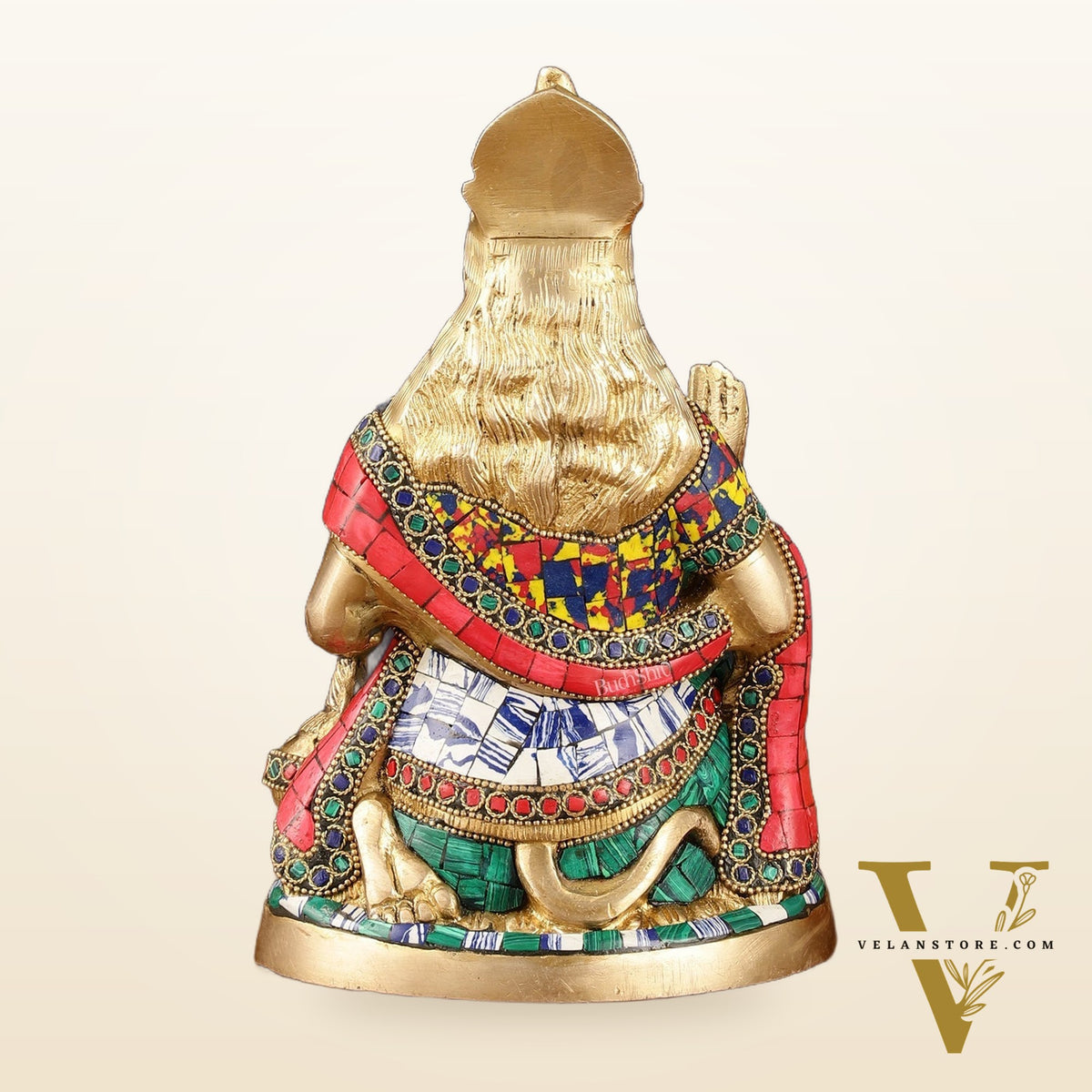 Brass Hanuman Idol with Meenakari Stonework - 9" Height, Symbol of Devotion and Strength