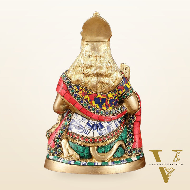 Brass Hanuman Idol with Meenakari Stonework - 9" Height, Symbol of Devotion and Strength
