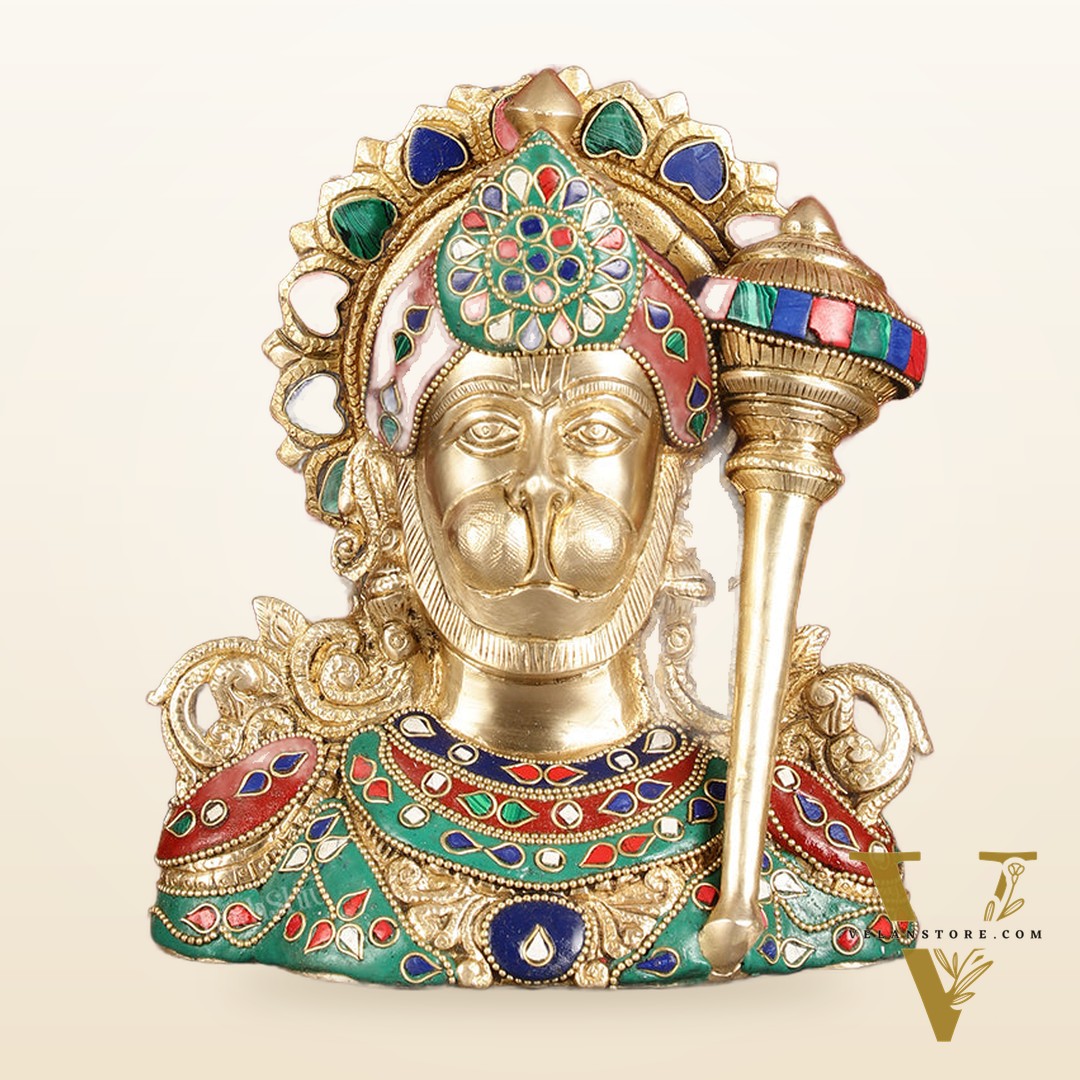 Brass Hanuman Ji face statue with Multicolour Stonework - 8"
