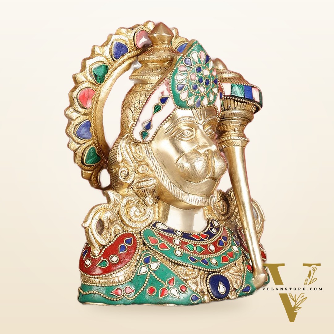 Brass Hanuman Ji face statue with Multicolour Stonework - 8"