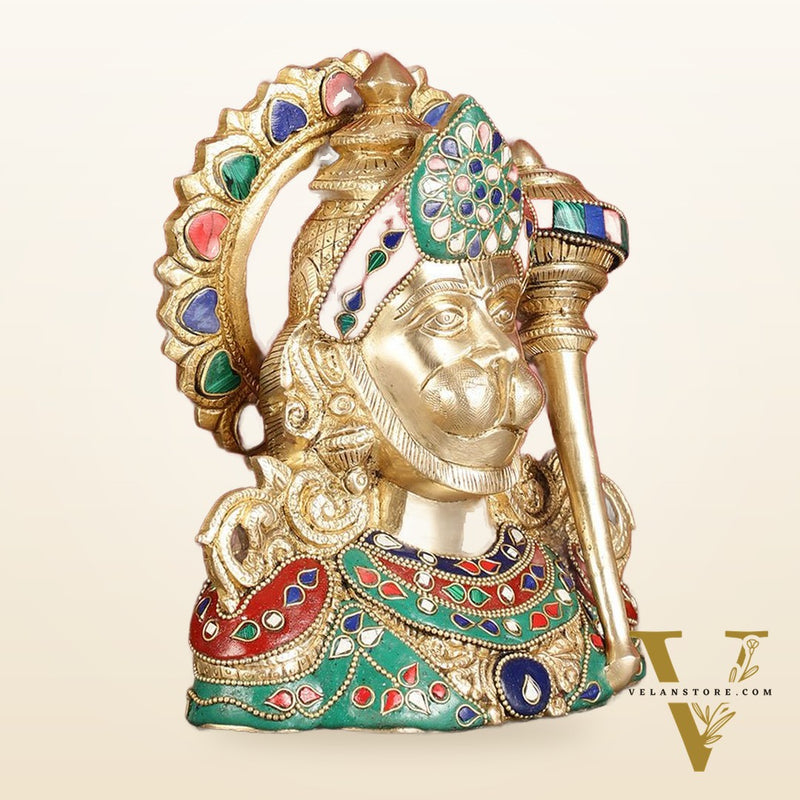 Brass Hanuman Ji face statue with Multicolour Stonework - 8"